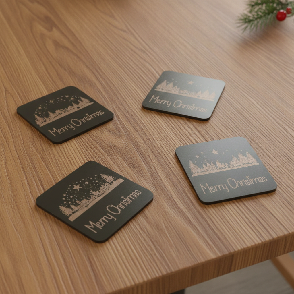 Exquisite Engraved Christmas Scene Coasters | Set of 4 Square Drink Coasters with Bumper Feet.