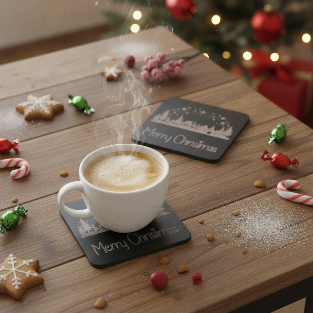 Exquisite Engraved Christmas Scene Coasters | Set of 4 Square Drink Coasters with Bumper Feet.
