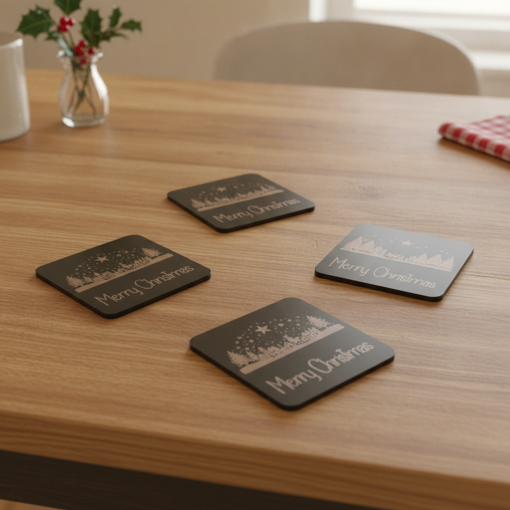 Exquisite Engraved Christmas Scene Coasters | Set of 4 Square Drink Coasters with Bumper Feet.