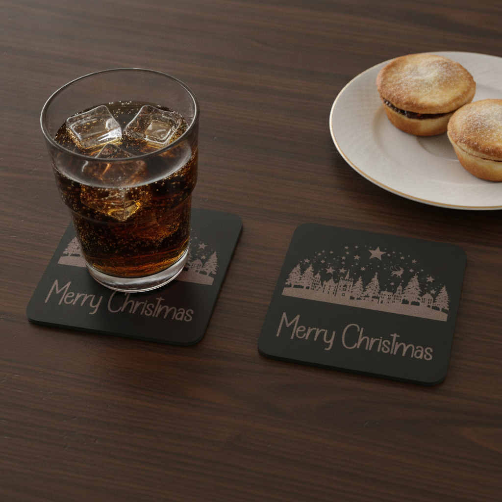 Exquisite Engraved Christmas Scene Coasters | Set of 4 Square Drink Coasters with Bumper Feet.