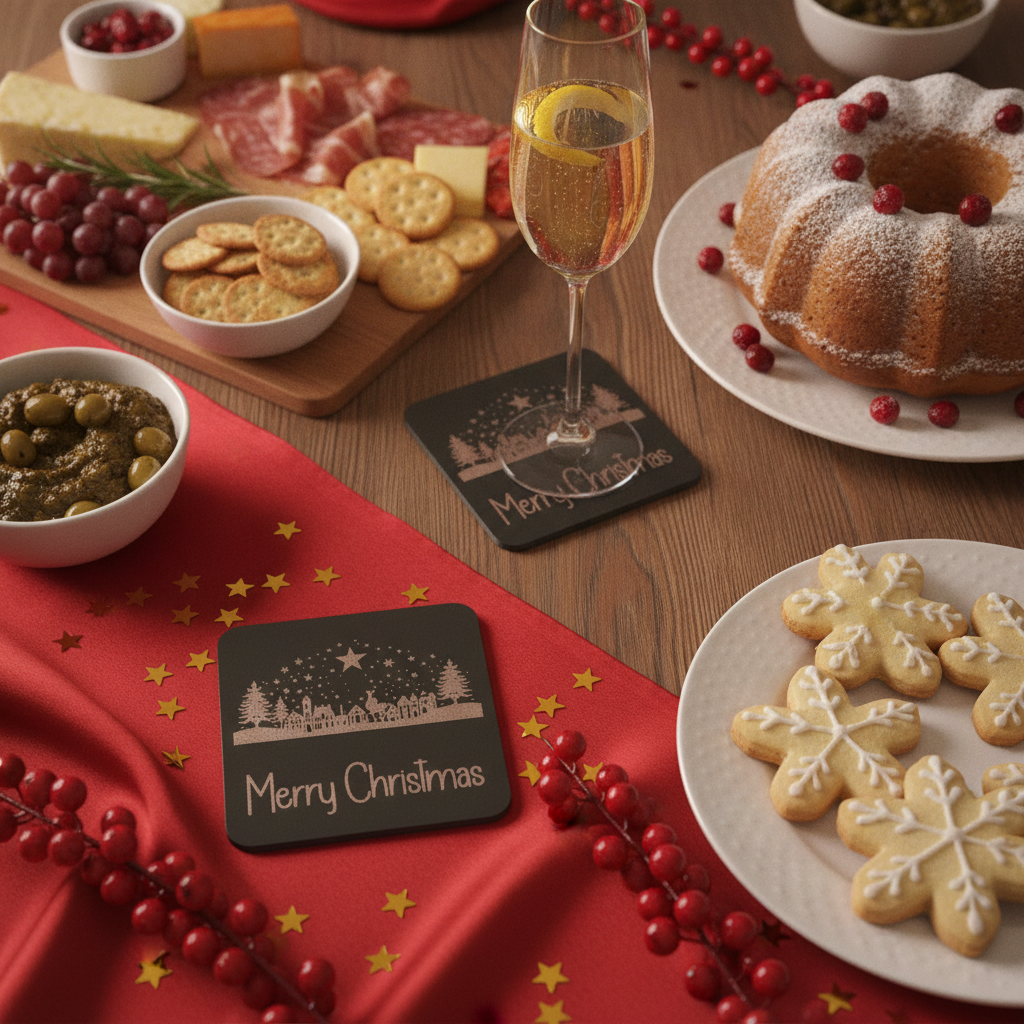 Exquisite Engraved Christmas Scene Coasters | Set of 4 Square Drink Coasters with Bumper Feet.