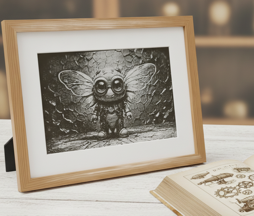 Framed Cute Cryptid Wood Laser Engraving – 20x25cm Whimsical Steampunk Insect- Wall Décor in an Oak Frame.