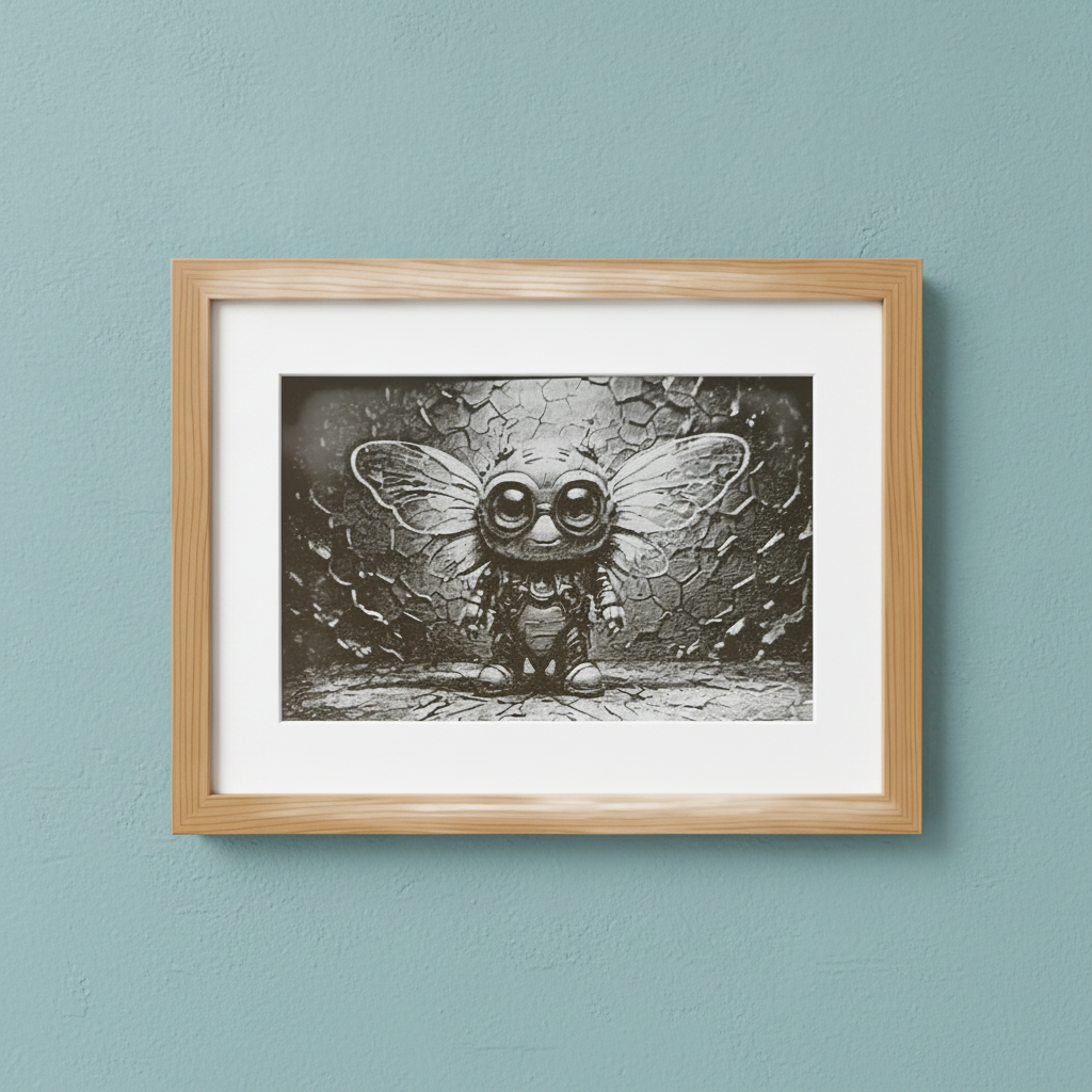 Framed Cute Cryptid Wood Laser Engraving – 20x25cm Whimsical Steampunk Insect- Wall Décor in an Oak Frame.