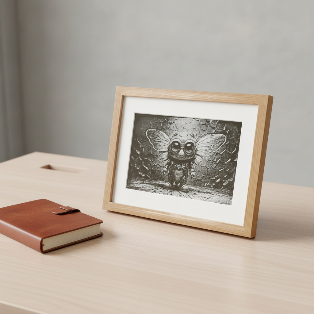Framed Cute Cryptid Wood Laser Engraving – 20x25cm Whimsical Steampunk Insect- Wall Décor in an Oak Frame.