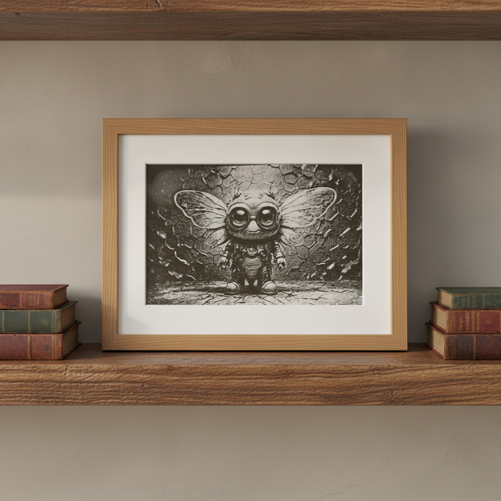 Framed Cute Cryptid Wood Laser Engraving – 20x25cm Whimsical Steampunk Insect- Wall Décor in an Oak Frame.