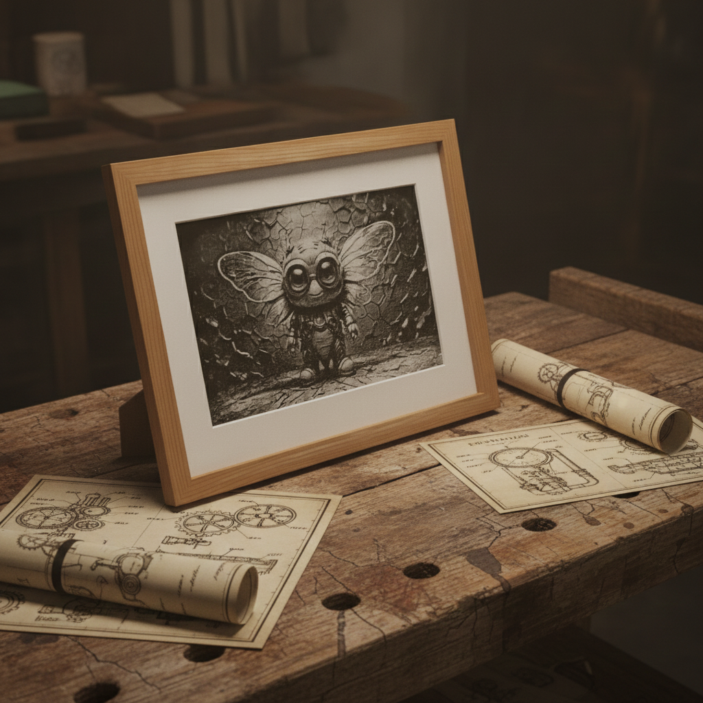 Framed Cute Cryptid Wood Laser Engraving – 20x25cm Whimsical Steampunk Insect- Wall Décor in an Oak Frame.