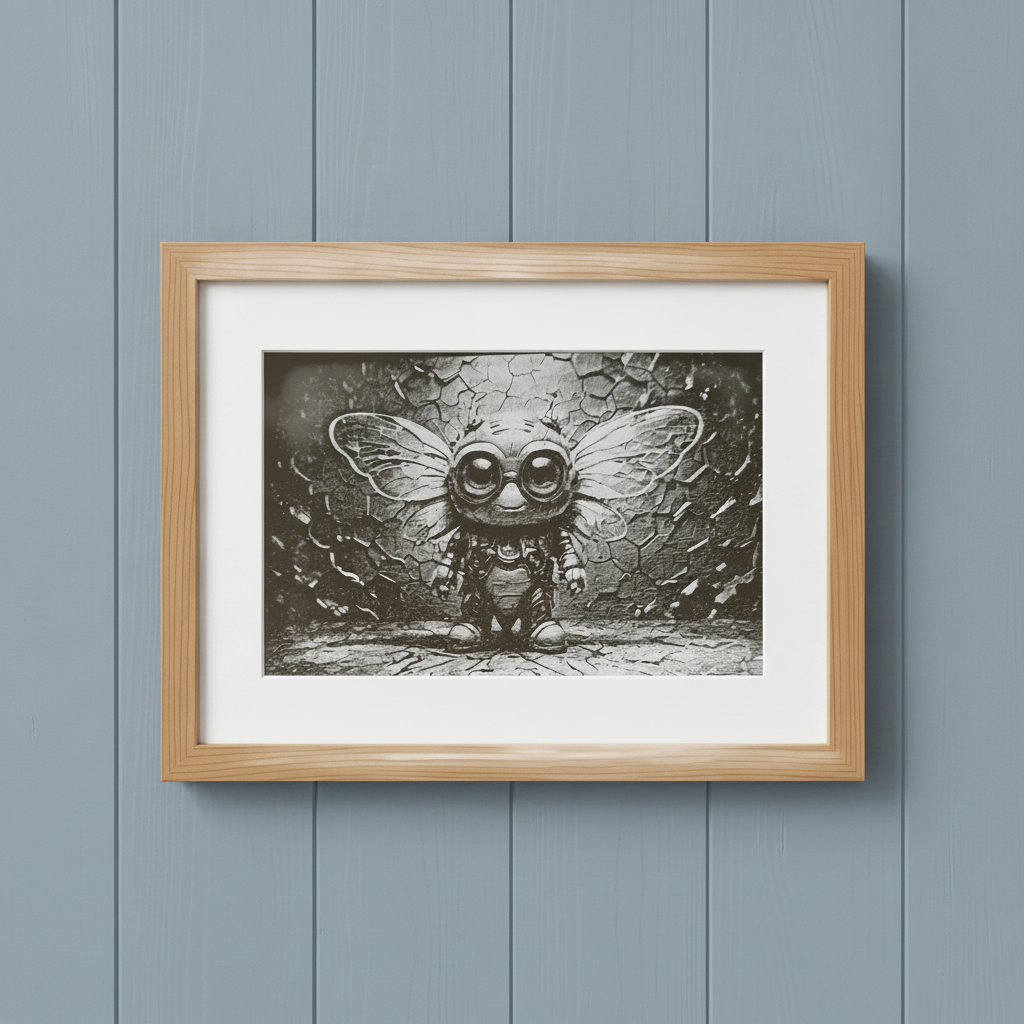 Framed Cute Cryptid Wood Laser Engraving – 20x25cm Whimsical Steampunk Insect- Wall Décor in an Oak Frame.