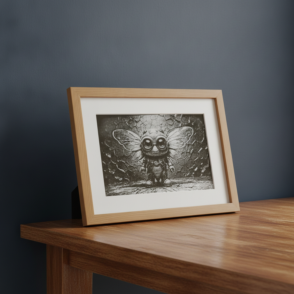 Framed Cute Cryptid Wood Laser Engraving – 20x25cm Whimsical Steampunk Insect- Wall Décor in an Oak Frame.