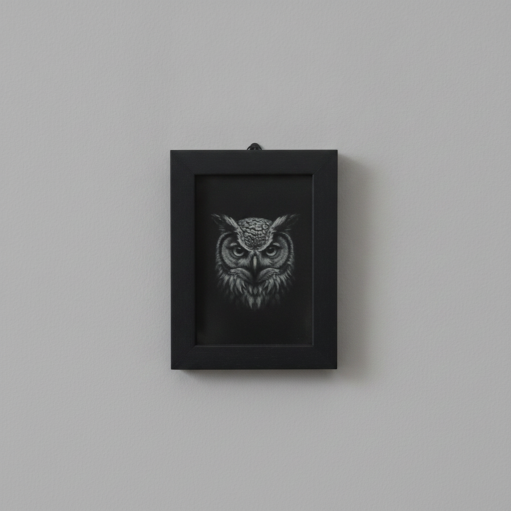 Framed Wood, Miniature Owl Engraving Wall or Display Art – 3.5 x 5 Inch (8.9 cm x12.7cm).