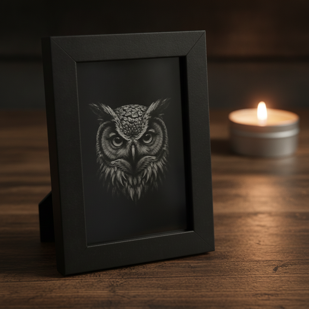 Framed Wood, Miniature Owl Engraving Wall or Display Art – 3.5 x 5 Inch (8.9 cm x12.7cm).