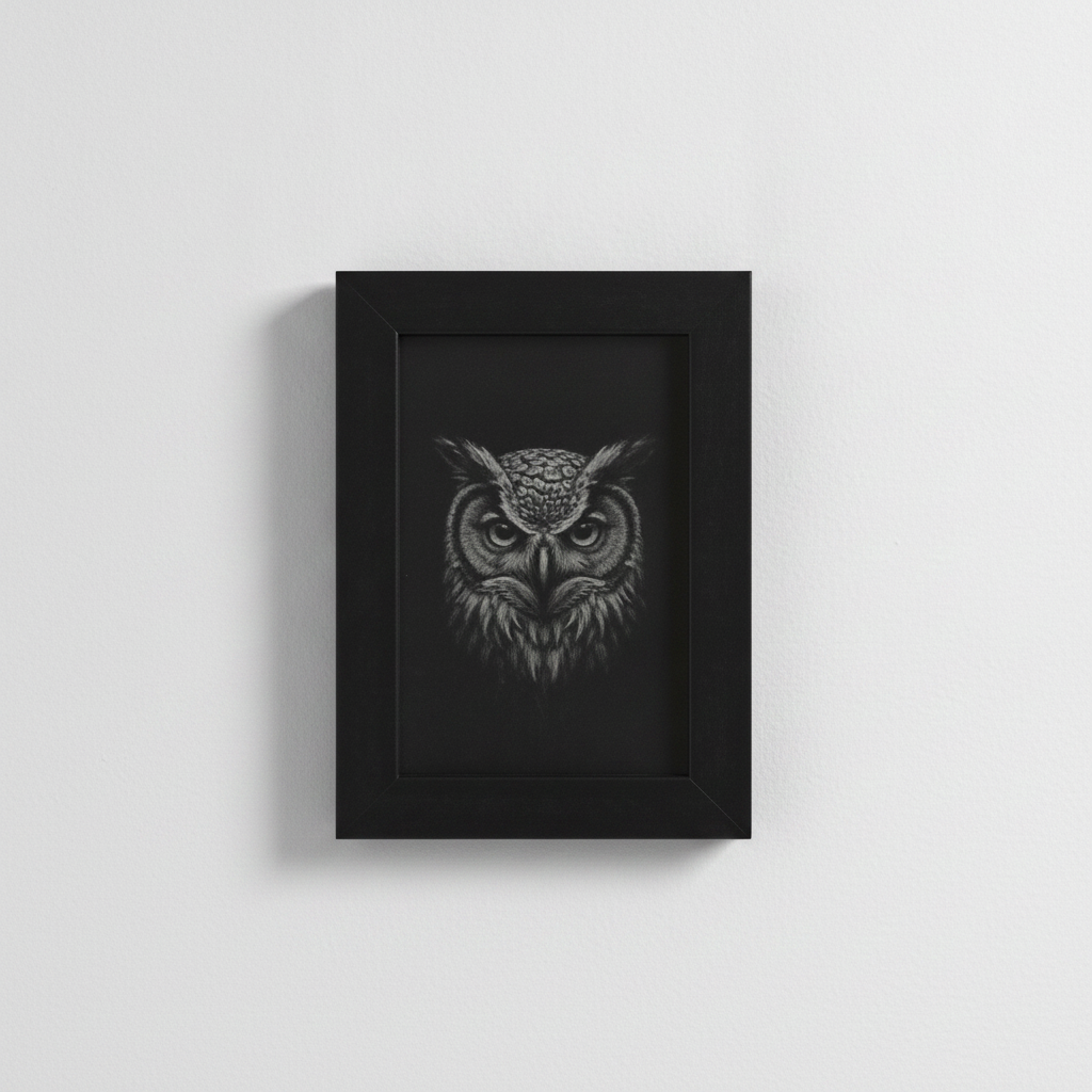 Framed Wood, Miniature Owl Engraving Wall or Display Art – 3.5 x 5 Inch (8.9 cm x12.7cm).