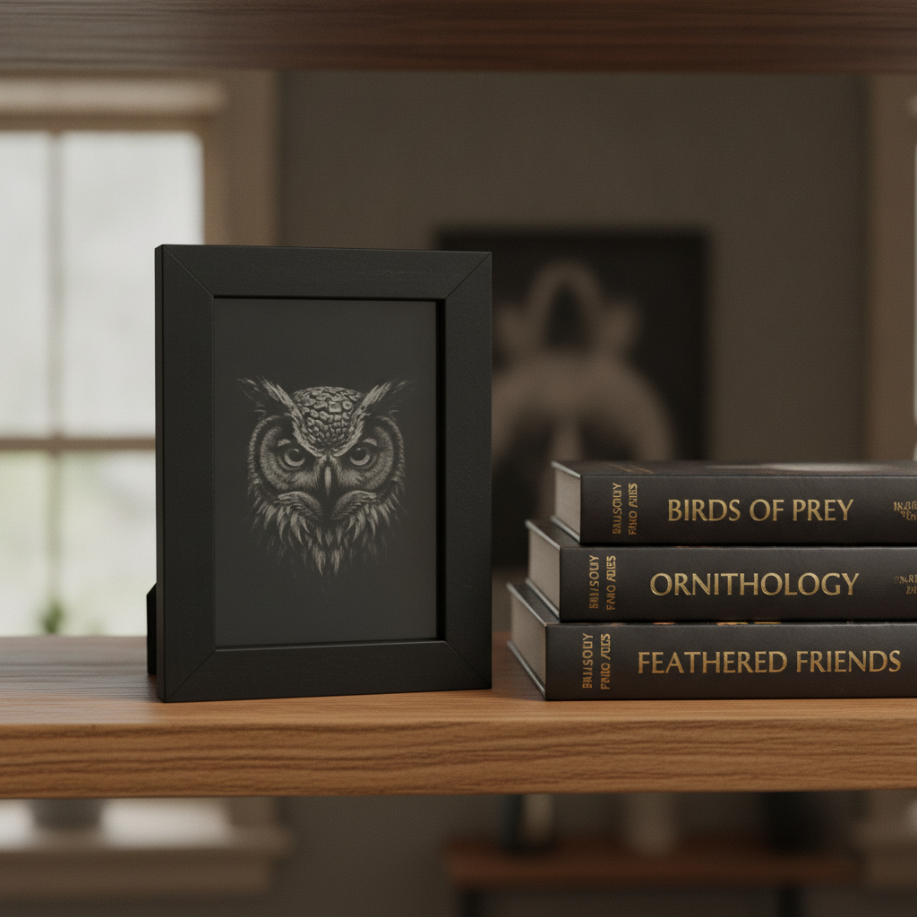 Framed Wood, Miniature Owl Engraving Wall or Display Art – 3.5 x 5 Inch (8.9 cm x12.7cm).