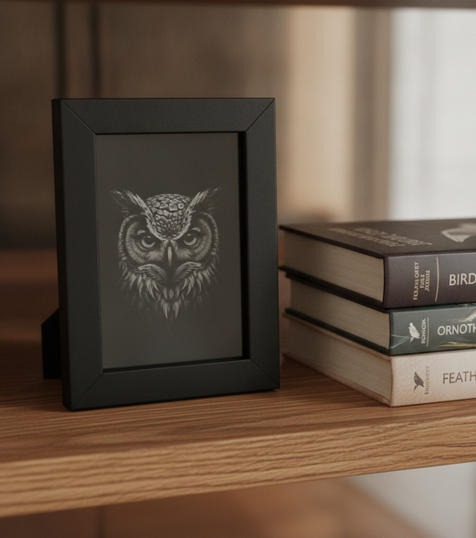 Framed Wood, Miniature Owl Engraving Wall or Display Art – 3.5 x 5 Inch (8.9 cm x12.7cm).
