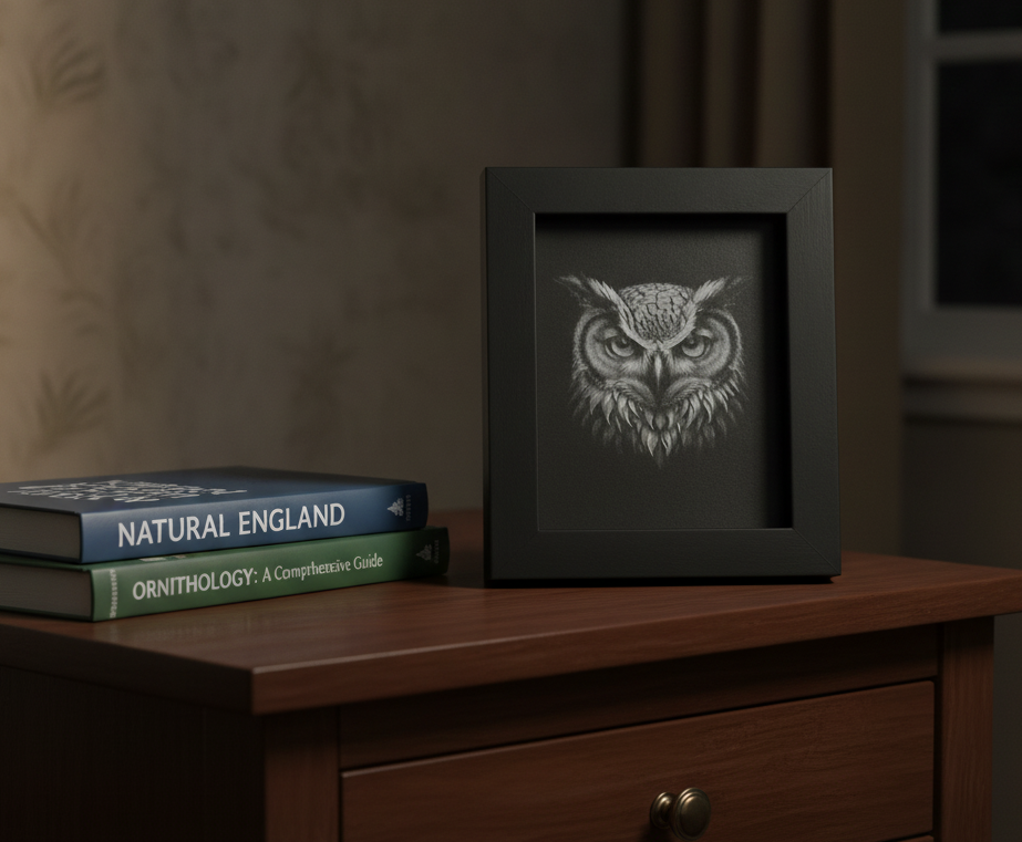 Framed Wood, Miniature Owl Engraving Wall or Display Art – 3.5 x 5 Inch (8.9 cm x12.7cm).