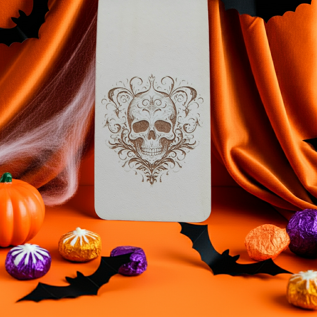 Halloween / Macabre White Topped Wood Bookmark with Black Ribbon and exquisite spooky skull engraving.