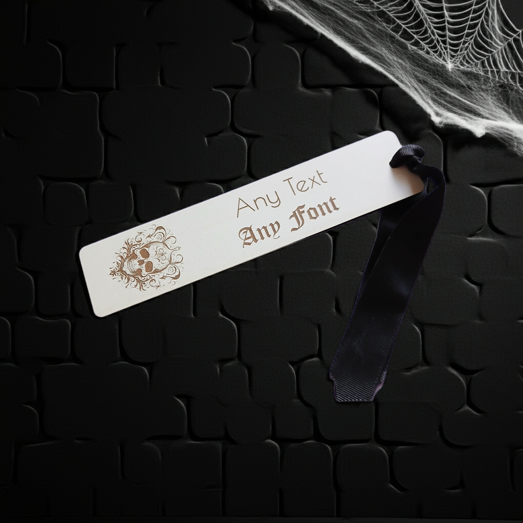 Halloween / Macabre Personalised Wood Bookmark. Any Text and Any Font. With Black Ribbon.