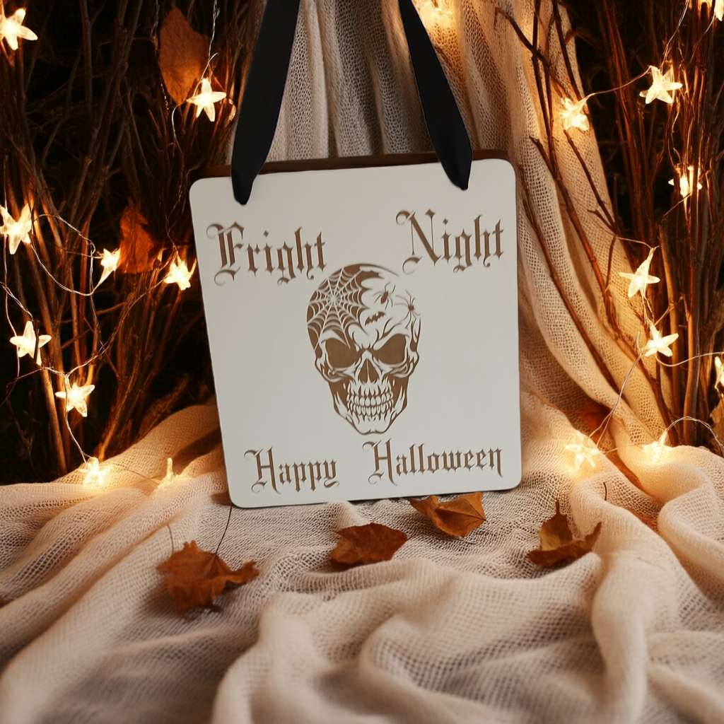 Happy Halloween / Fright Night Hanging Sign, with striking skull engraving and black ribbon.