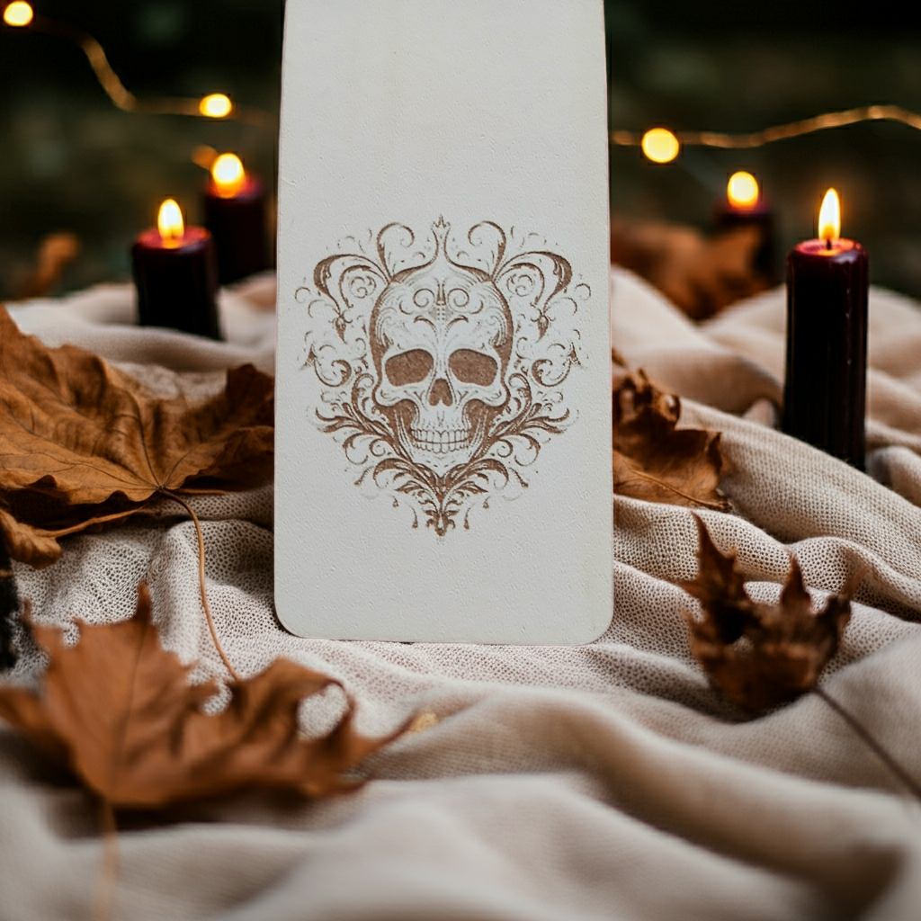 Halloween / Macabre White Topped Wood Bookmark with Black Ribbon and exquisite spooky skull engraving.