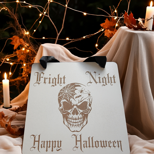 Happy Halloween / Fright Night Hanging Sign, with striking skull engraving and black ribbon.
