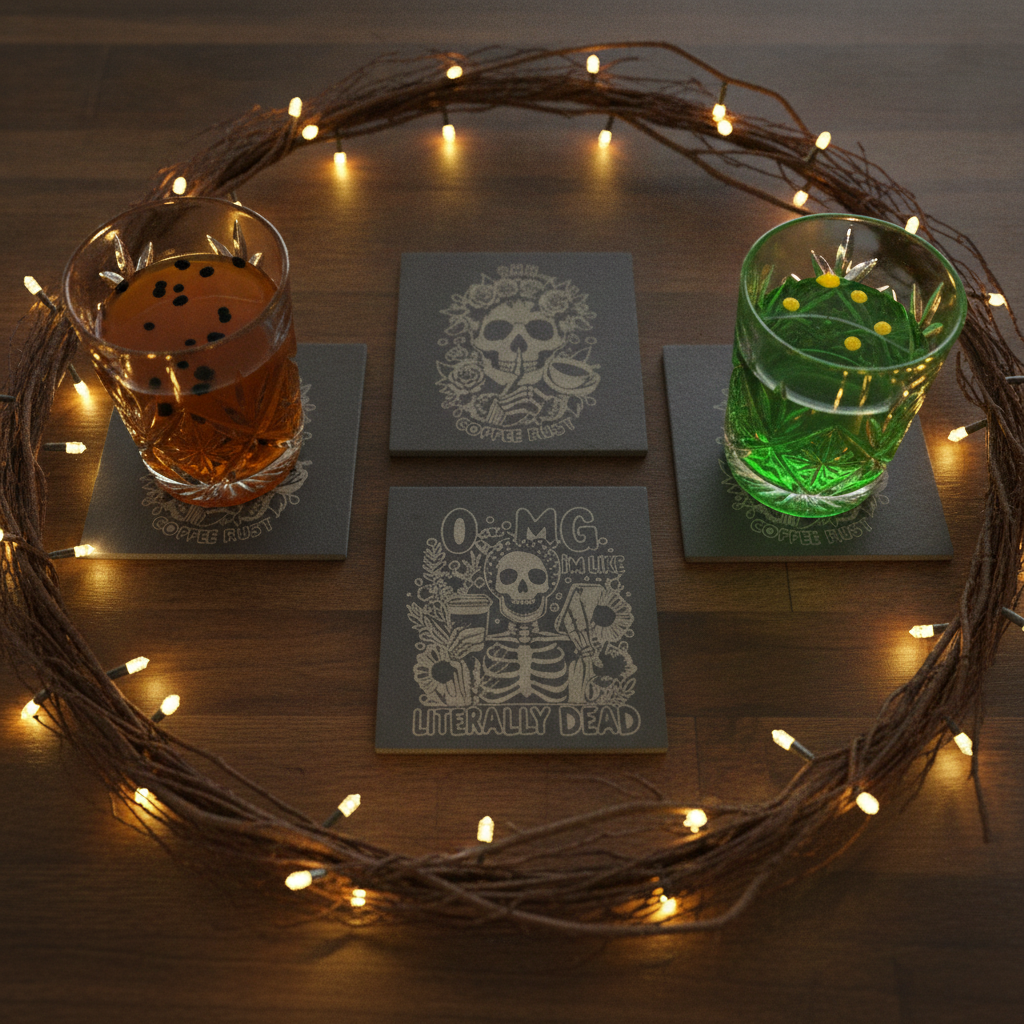 Halloween & Macabre Natural Slate Coasters, with anti-skid feet, ( set of 4 with 2 designs).