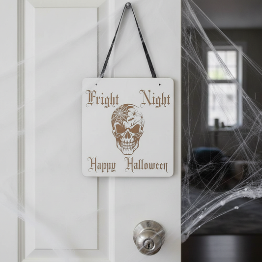 Happy Halloween / Fright Night Hanging Sign, with striking skull engraving and black ribbon.