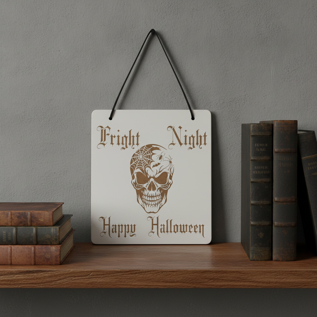 Happy Halloween / Fright Night Hanging Sign, with striking skull engraving and black ribbon.