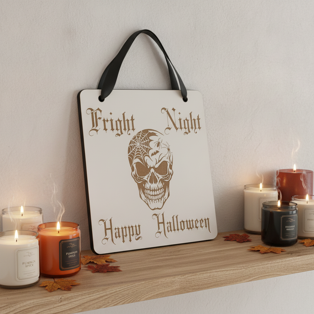 Happy Halloween / Fright Night Hanging Sign, with striking skull engraving and black ribbon.