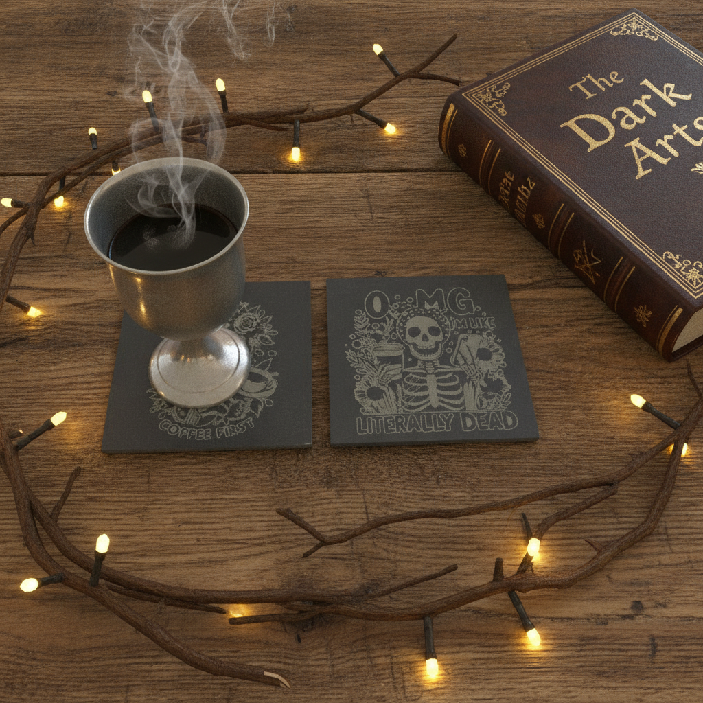 Halloween & Macabre Natural Slate Coasters, with anti-skid feet, ( set of 4 with 2 designs).