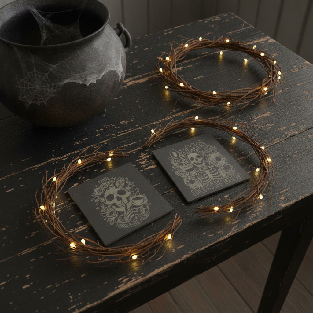 Halloween & Macabre Natural Slate Coasters, with anti-skid feet, ( set of 4 with 2 designs).