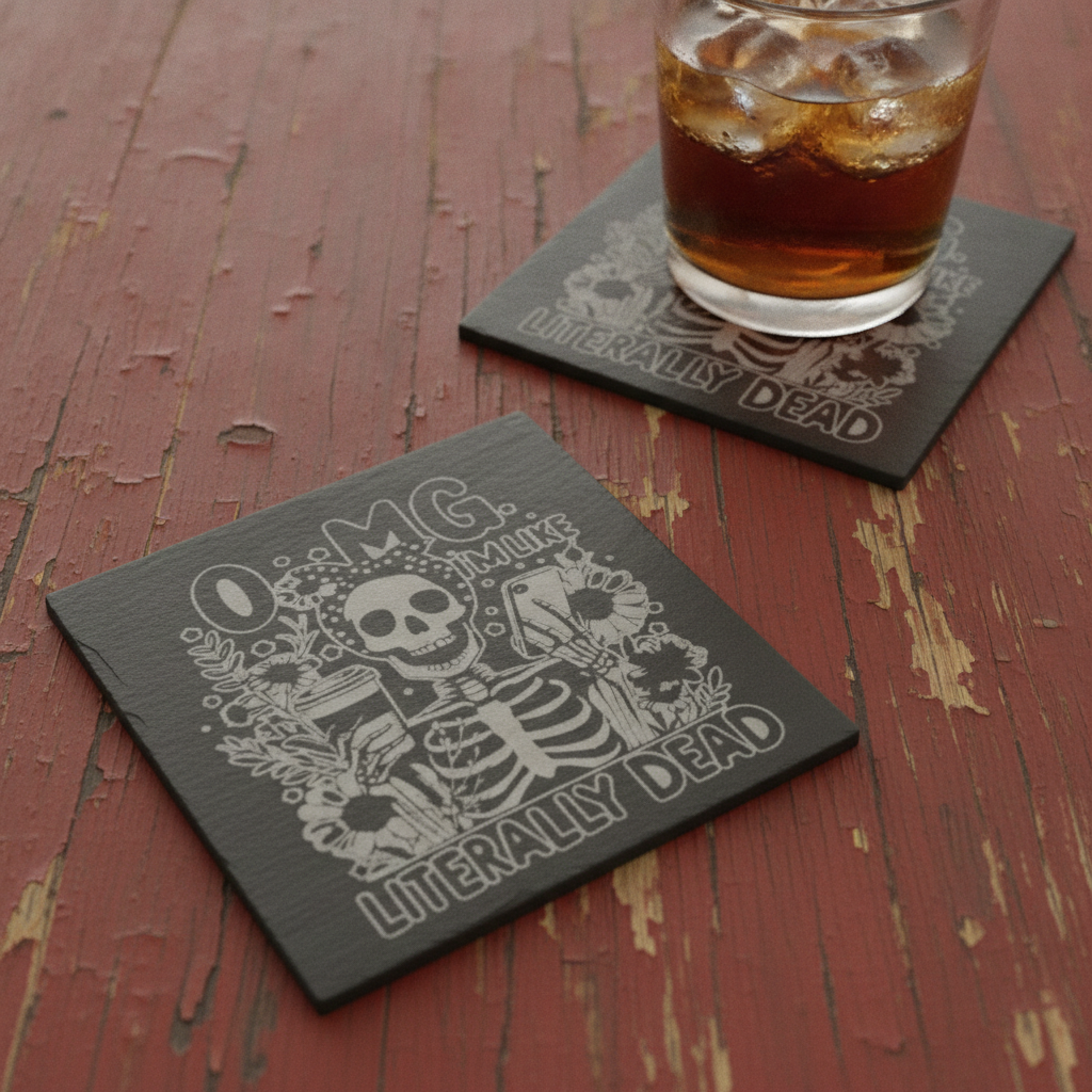 Halloween & Macabre Natural Slate Coasters, with anti-skid feet, ( set of 4 with 2 designs).