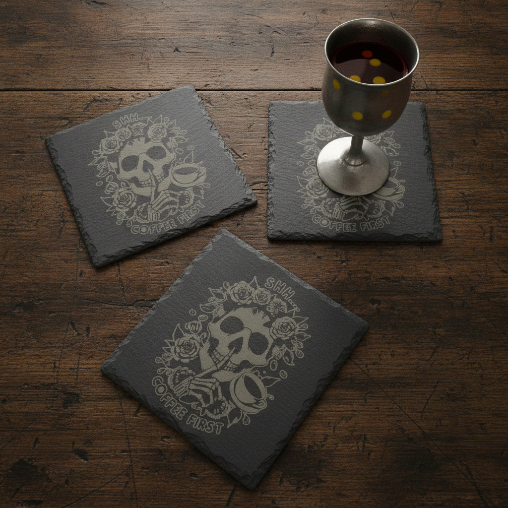 Halloween & Macabre Natural Slate Coasters, with anti-skid feet, ( set of 4 with 2 designs).