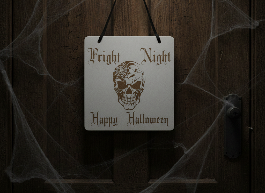 Happy Halloween / Fright Night Hanging Sign, with striking skull engraving and black ribbon.