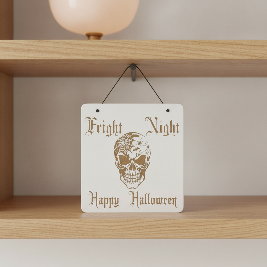 Happy Halloween / Fright Night Hanging Sign, with striking skull engraving and black ribbon.