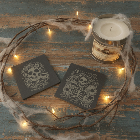 Halloween & Macabre Natural Slate Coasters, with anti-skid feet, ( set of 4 with 2 designs).