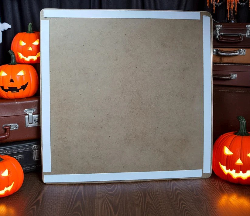 Happy Halloween / Fright Night Hanging Sign, with striking skull engraving and black ribbon.