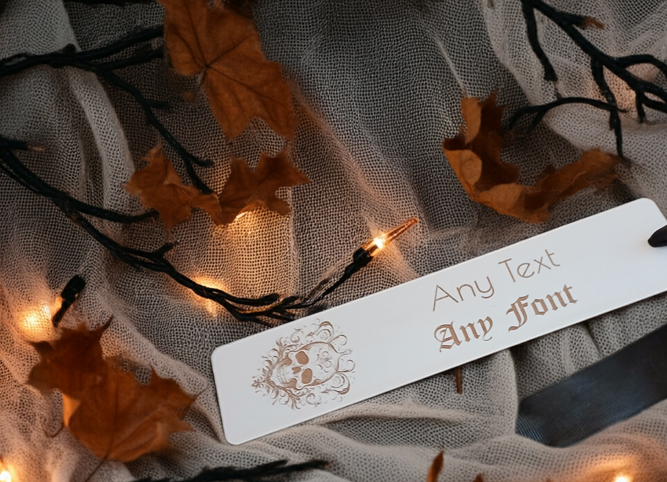 Halloween / Macabre Personalised Wood Bookmark. Any Text and Any Font. With Black Ribbon.