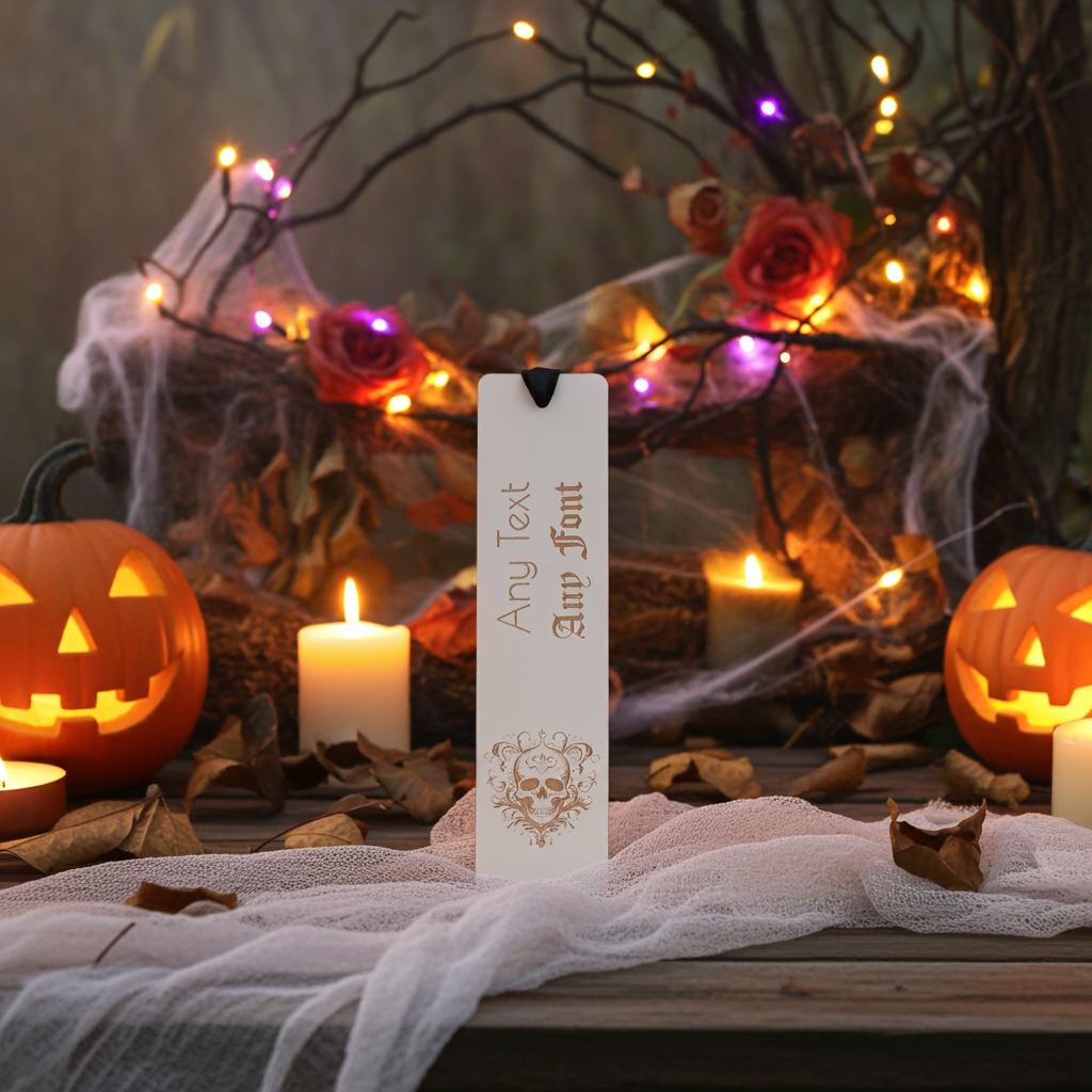 Halloween / Macabre Personalised Wood Bookmark. Any Text and Any Font. With Black Ribbon.
