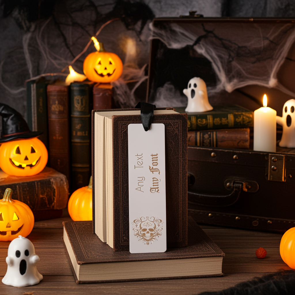 Halloween / Macabre Personalised Wood Bookmark. Any Text and Any Font. With Black Ribbon.