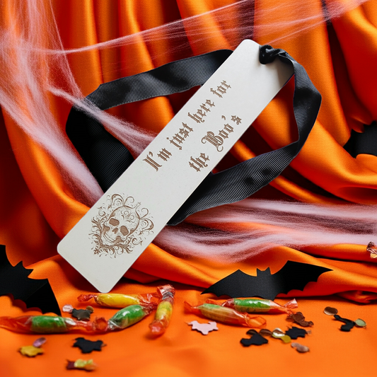 Halloween / Macabre White Topped Wood Bookmark with Black Ribbon and exquisite spooky skull engraving.