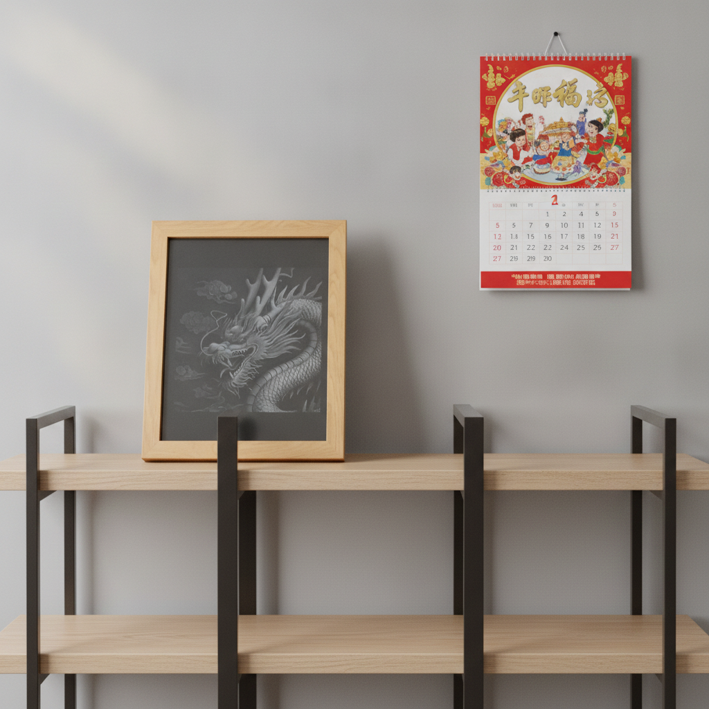 Handmade 20x25cm 3d Effect, Chinese Engraved Dragon, Painted Wood & Oak Frame.