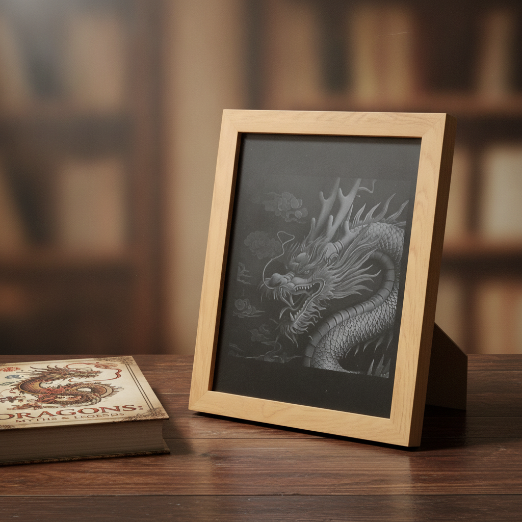 Handmade 20x25cm 3d Effect, Chinese Engraved Dragon, Painted Wood & Oak Frame.