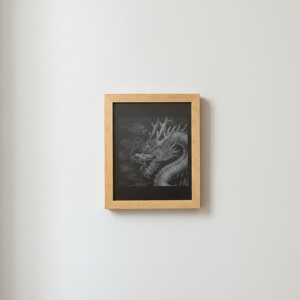 Handmade 20x25cm 3d Effect, Chinese Engraved Dragon, Painted Wood & Oak Frame.