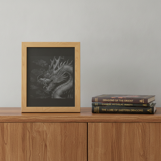 Handmade 20x25cm 3d Effect, Chinese Engraved Dragon, Painted Wood & Oak Frame.