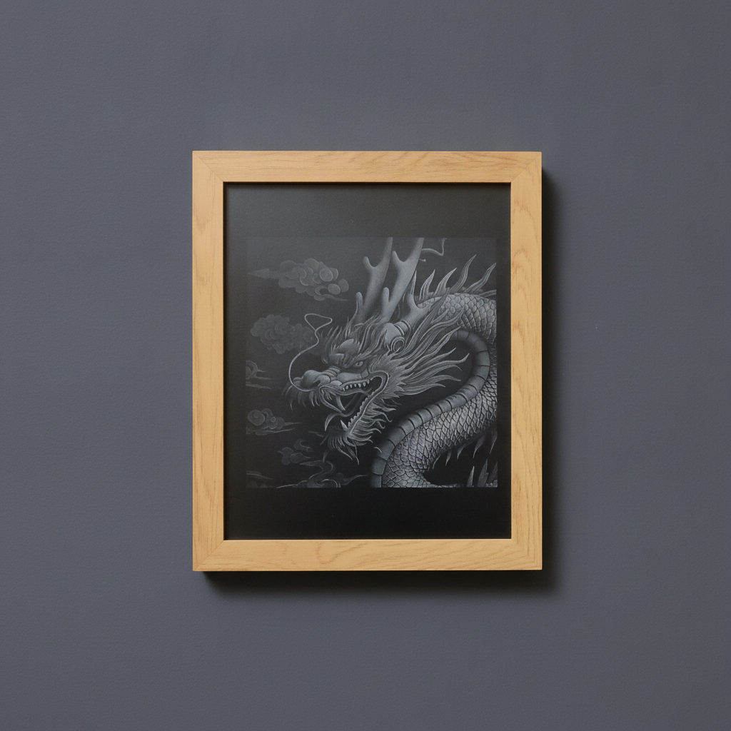 Handmade 20x25cm 3d Effect, Chinese Engraved Dragon, Painted Wood & Oak Frame.