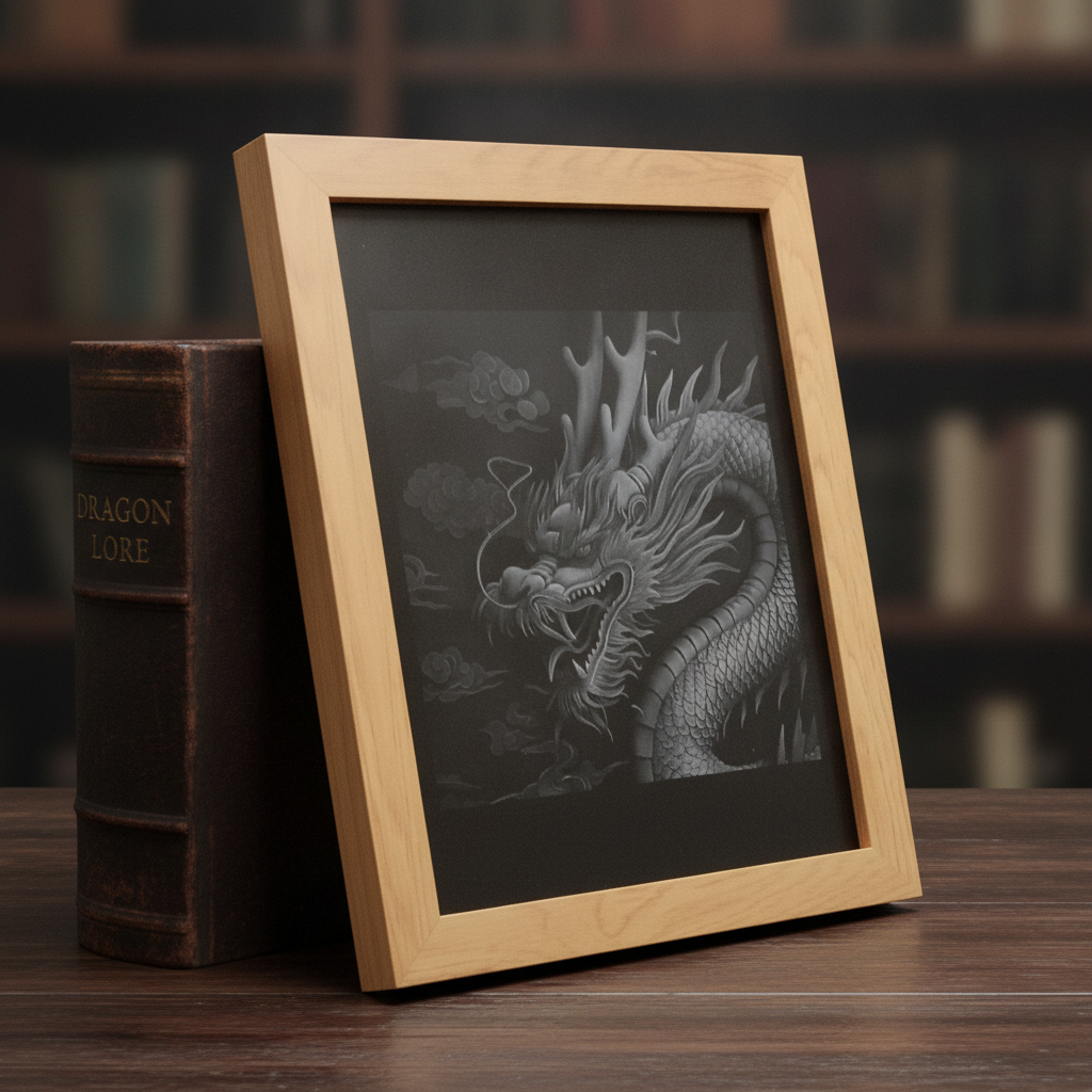 Handmade 20x25cm 3d Effect, Chinese Engraved Dragon, Painted Wood & Oak Frame.