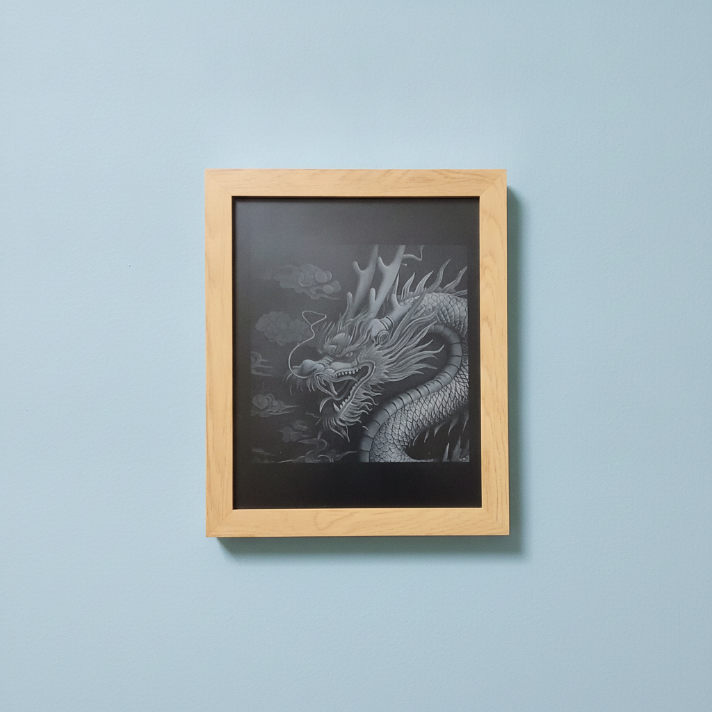 Handmade 20x25cm 3d Effect, Chinese Engraved Dragon, Painted Wood & Oak Frame.