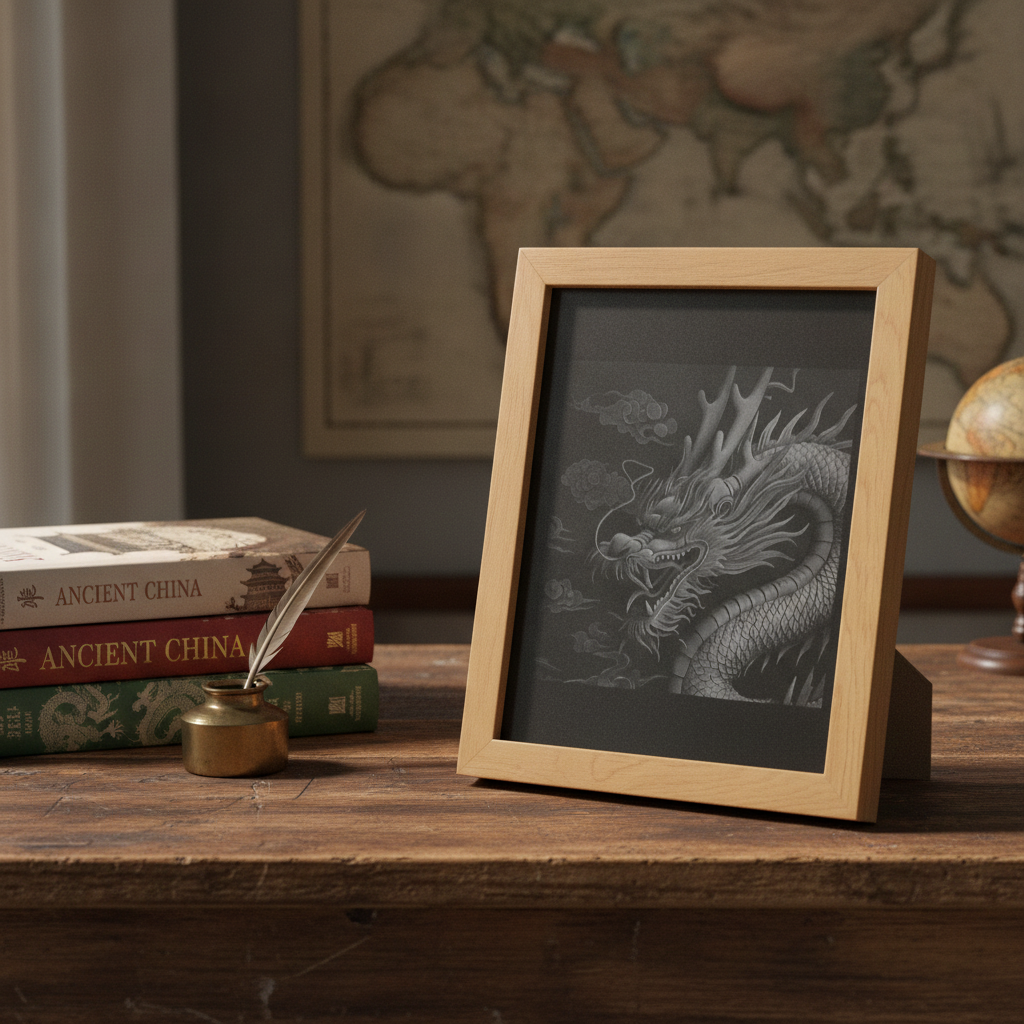 Handmade 20x25cm 3d Effect, Chinese Engraved Dragon, Painted Wood & Oak Frame.
