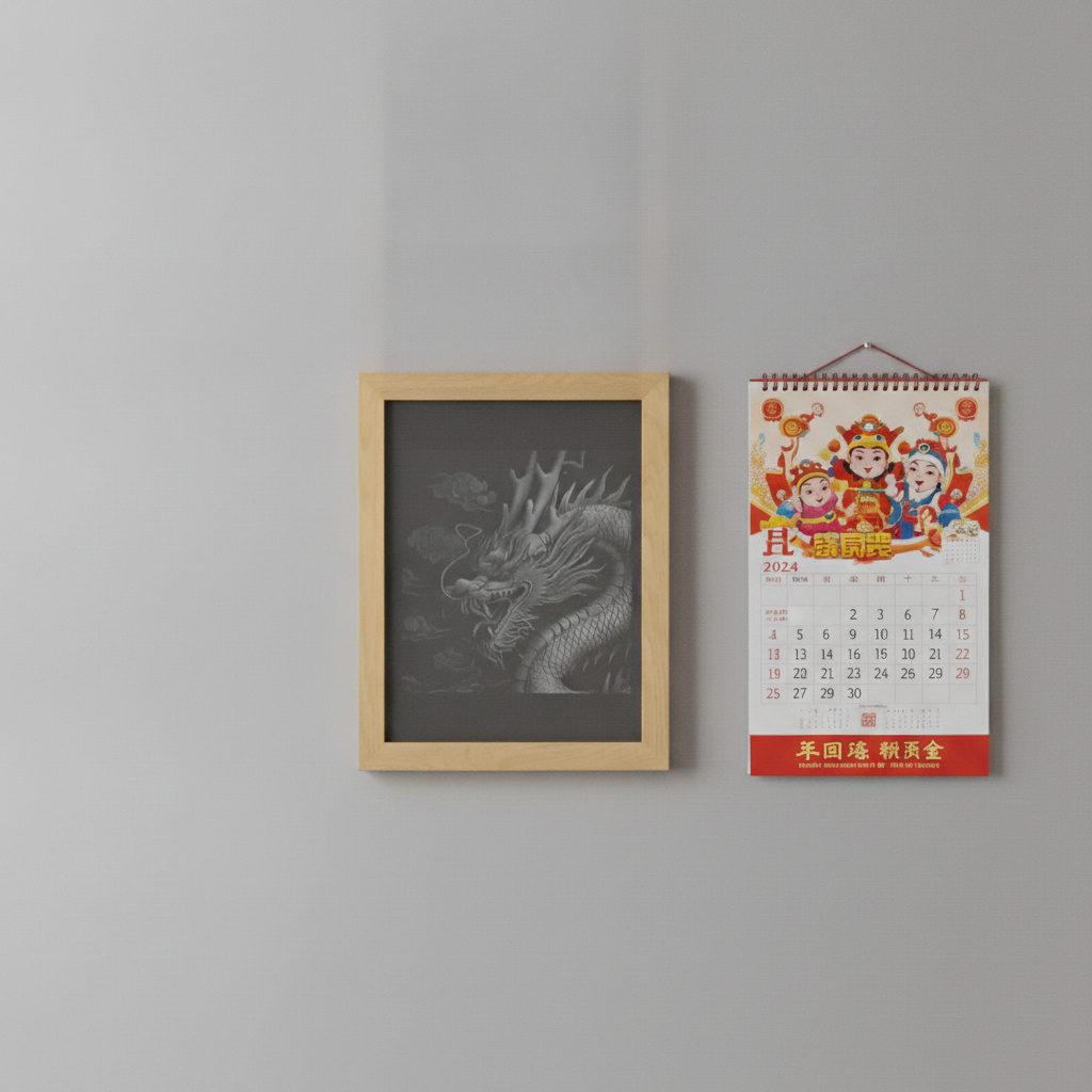 Handmade 20x25cm 3d Effect, Chinese Engraved Dragon, Painted Wood & Oak Frame.