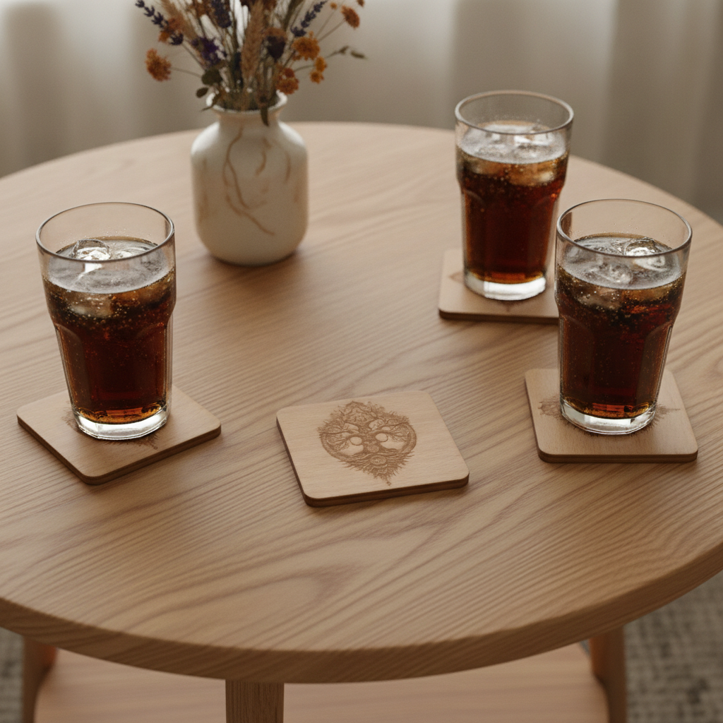 Handmade Celtic Tree of Life Beech Wood Coasters | Set of 4 Square Drink Coasters with Non-Slip Feet.