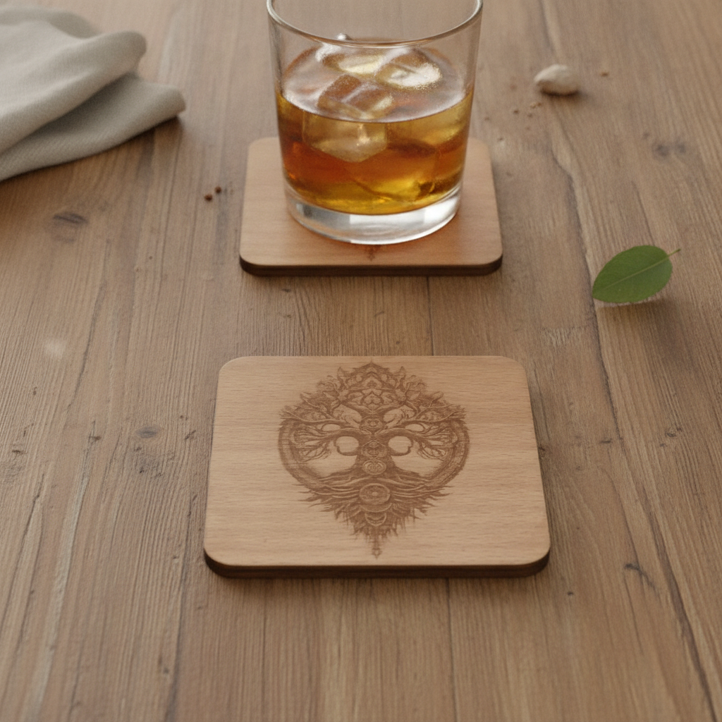Handmade Celtic Tree of Life Beech Wood Coasters | Set of 4 Square Drink Coasters with Non-Slip Feet.